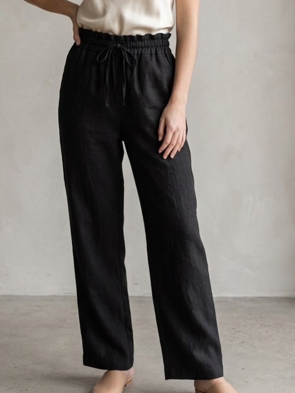 AERE Organic Cotton Paperbag Wide Leg Pants Black Sz S 28" Minimalist Australian